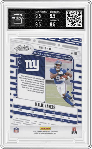 Malik Nabers from the 2024 Panini Absolute set featuring a Red Spectrum parallel graded by Arena Club and given an overall grade of 9.5.