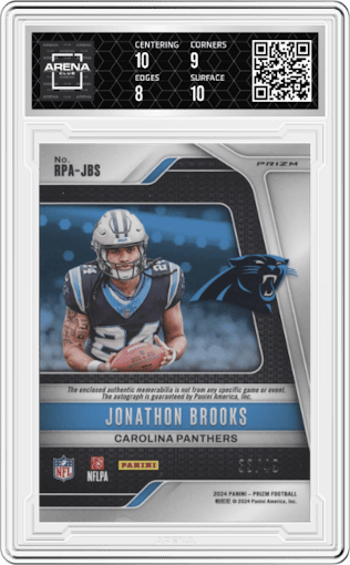 Jonathon Brooks from the 2024 Panini Prizm set featuring a Purple Power Prizm parallel graded by Arena Club and given an overall grade of 8.5.