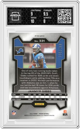 Jahmyr Gibbs from the 2023 Panini Prizm set featuring a Pandora parallel graded by Arena Club and given an overall grade of 8.5.
