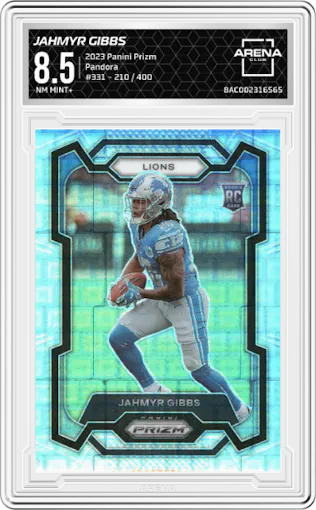 Jahmyr Gibbs from the 2023 Panini Prizm set featuring a Pandora parallel graded by Arena Club and given an overall grade of 8.5.