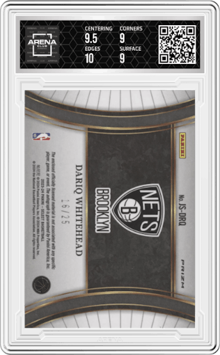 Dariq Whitehead  from the 2023-24 Panini Select  set featuring a Tie-Dye parallel graded by Arena Club and given an overall grade of 9.5.