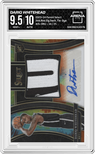 Dariq Whitehead  from the 2023-24 Panini Select  set featuring a Tie-Dye parallel graded by Arena Club and given an overall grade of 9.5.