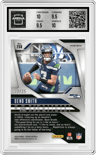 Geno Smith from the 2024 Panini Prizm set featuring a Blue Shimmer parallel graded by Arena Club and given an overall grade of 10.