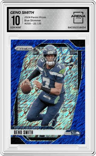 Geno Smith from the 2024 Panini Prizm set featuring a Blue Shimmer parallel graded by Arena Club and given an overall grade of 10.