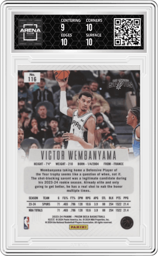 Victor Wembanyama from the 2023-24 Panini Prizm Deca set graded by Arena Club and given an overall grade of 9.5.