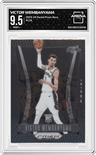 Victor Wembanyama from the 2023-24 Panini Prizm Deca set graded by Arena Club and given an overall grade of 9.5.