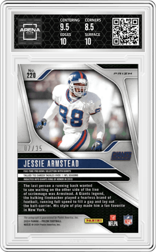 Jessie Armstead from the 2024 Panini Prizm set featuring a Red Shimmer parallel graded by Arena Club and given an overall grade of 9.