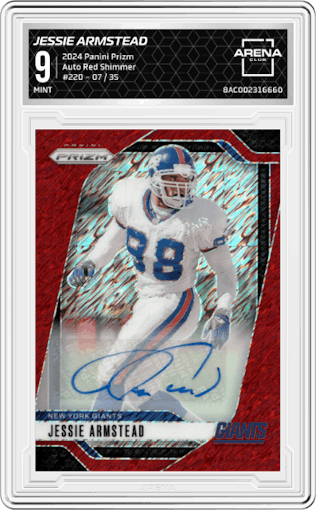 Jessie Armstead from the 2024 Panini Prizm set featuring a Red Shimmer parallel graded by Arena Club and given an overall grade of 9.