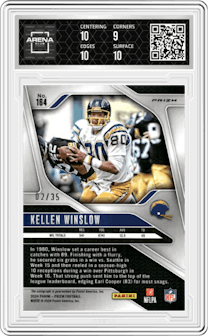 Kellen Winslow from the 2024 Panini Prizm set featuring a Red Shimmer parallel graded by Arena Club and given an overall grade of 9.5.