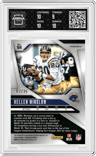Kellen Winslow from the 2024 Panini Prizm set featuring a Red Shimmer parallel graded by Arena Club and given an overall grade of 9.5.