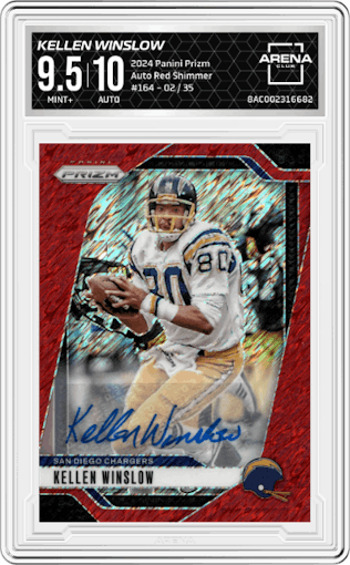 Kellen Winslow from the 2024 Panini Prizm set featuring a Red Shimmer parallel graded by Arena Club and given an overall grade of 9.5.