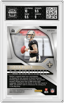 Spencer Rattler from the 2024 Panini Prizm set featuring a No Huddle parallel graded by Arena Club and given an overall grade of 9.5.