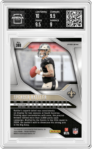 Spencer Rattler from the 2024 Panini Prizm set featuring a No Huddle parallel graded by Arena Club and given an overall grade of 9.5.