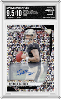 Spencer Rattler from the 2024 Panini Prizm set featuring a No Huddle parallel graded by Arena Club and given an overall grade of 9.5.