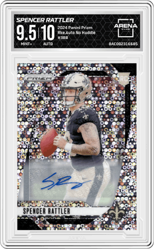 Spencer Rattler from the 2024 Panini Prizm set featuring a No Huddle parallel graded by Arena Club and given an overall grade of 9.5.