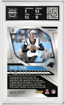 Bryce Young from the 2024 Panini Prizm set featuring a Green Scope parallel graded by Arena Club and given an overall grade of 9.5.