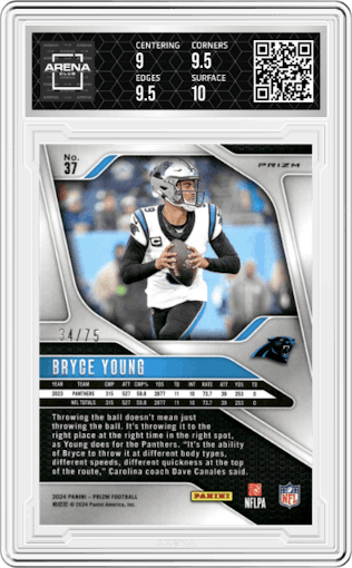 Bryce Young from the 2024 Panini Prizm set featuring a Green Scope parallel graded by Arena Club and given an overall grade of 9.5.