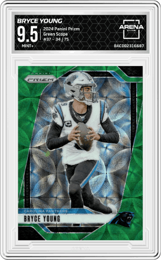 Bryce Young from the 2024 Panini Prizm set featuring a Green Scope parallel graded by Arena Club and given an overall grade of 9.5.