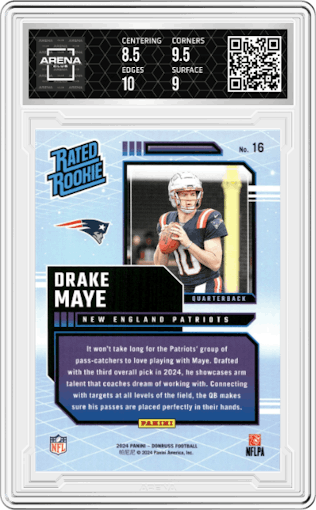 Drake Maye from the 2024 Donruss set graded by Arena Club and given an overall grade of 9.
