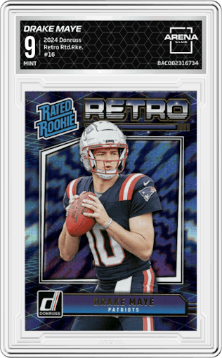 Drake Maye from the 2024 Donruss set graded by Arena Club and given an overall grade of 9.