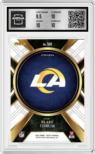 Blake Corum from the 2023 Panini Select set graded by Arena Club and given an overall grade of 10.