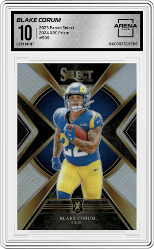 Blake Corum from the 2023 Panini Select set graded by Arena Club and given an overall grade of 10.