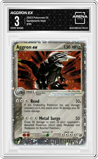 Aggron EX from the 2003 Pokemon EX set graded by Arena Club and given an overall grade of 3.