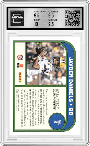 Jayden Daniels from the 2024 Panini Score set graded by Arena Club and given an overall grade of 10.
