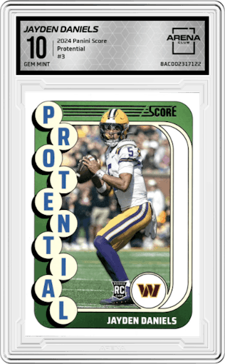 Jayden Daniels from the 2024 Panini Score set graded by Arena Club and given an overall grade of 10.