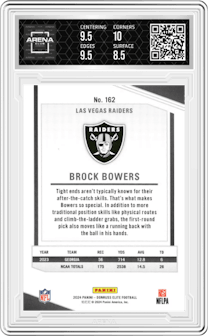Brock Bowers from the 2024 Panini Donruss Elite set featuring a Green Disco parallel graded by Arena Club and given an overall grade of 9.