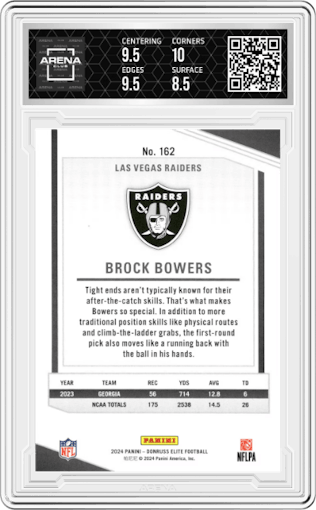 Brock Bowers from the 2024 Panini Donruss Elite set featuring a Green Disco parallel graded by Arena Club and given an overall grade of 9.