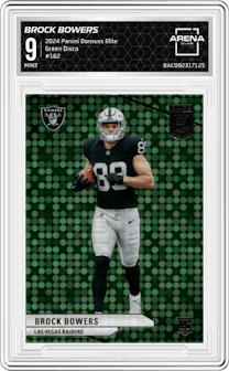 Brock Bowers from the 2024 Panini Donruss Elite set featuring a Green Disco parallel graded by Arena Club and given an overall grade of 9.