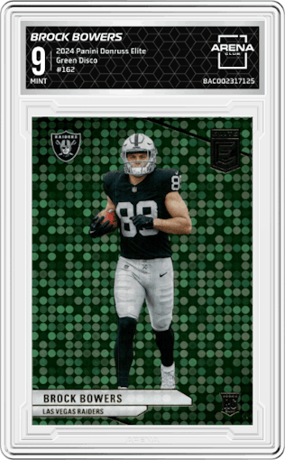 Brock Bowers from the 2024 Panini Donruss Elite set featuring a Green Disco parallel graded by Arena Club and given an overall grade of 9.