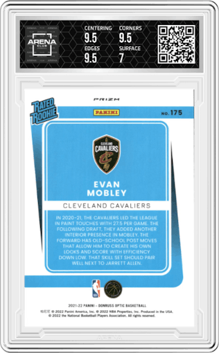 Evan Mobley
 from the 2021-22 Panini Donruss Optic set featuring a Blue Velocity parallel graded by Arena Club and given an overall grade of 7.5.
