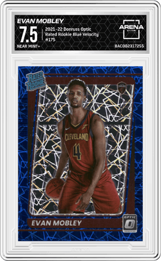 Evan Mobley
 from the 2021-22 Panini Donruss Optic set featuring a Blue Velocity parallel graded by Arena Club and given an overall grade of 7.5.