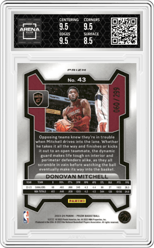 Donovan Mitchell from the 2023-24 Panini Prizm set featuring a Red Seismic  parallel graded by Arena Club and given an overall grade of 9.