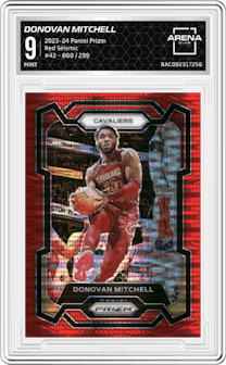 Donovan Mitchell from the 2023-24 Panini Prizm set featuring a Red Seismic  parallel graded by Arena Club and given an overall grade of 9.