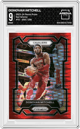 Donovan Mitchell from the 2023-24 Panini Prizm set featuring a Red Seismic  parallel graded by Arena Club and given an overall grade of 9.
