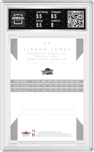LeBron James from the 2004-05 SkyBox Premium set graded by Arena Club and given an overall grade of 9.