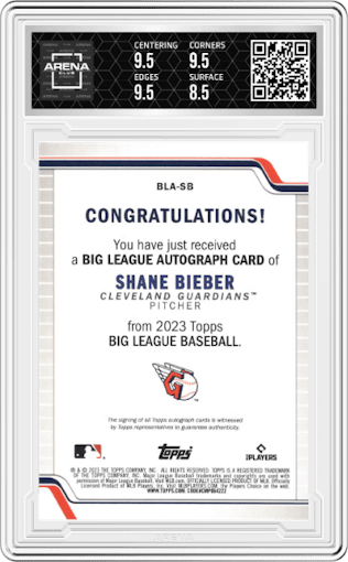 Shane Bieber from the 2023 Topps Big League set featuring a Orange Foil parallel graded by Arena Club and given an overall grade of 9.