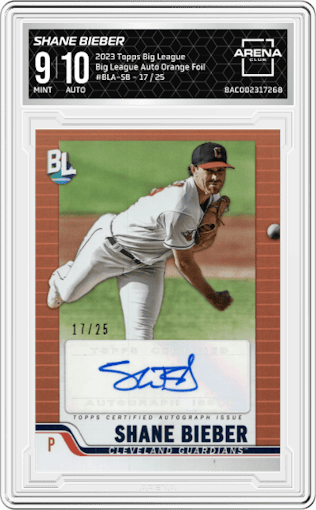 Shane Bieber from the 2023 Topps Big League set featuring a Orange Foil parallel graded by Arena Club and given an overall grade of 9.