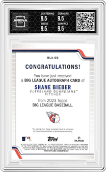 Shane Bieber from the 2023 Topps Big League set featuring a Blue Foil parallel graded by Arena Club and given an overall grade of 9.5.