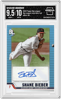 Shane Bieber from the 2023 Topps Big League set featuring a Blue Foil parallel graded by Arena Club and given an overall grade of 9.5.
