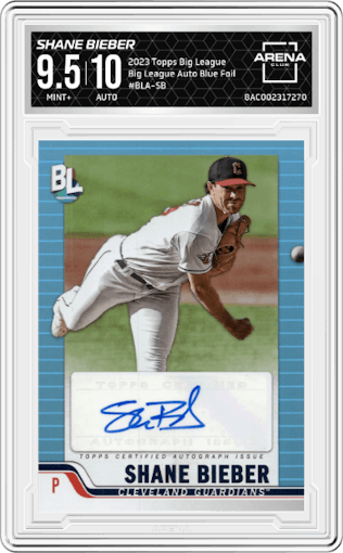 Shane Bieber from the 2023 Topps Big League set featuring a Blue Foil parallel graded by Arena Club and given an overall grade of 9.5.
