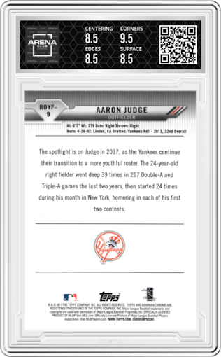 Aaron Judge from the 2017 Bowman set graded by Arena Club and given an overall grade of 9.