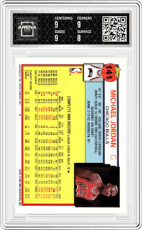Michael Jordan from the 1992-93 Topps set graded by Arena Club and given an overall grade of 8.5.