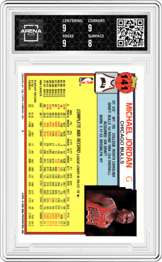 Michael Jordan from the 1992-93 Topps set graded by Arena Club and given an overall grade of 8.5.