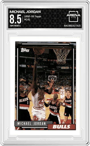 Michael Jordan from the 1992-93 Topps set graded by Arena Club and given an overall grade of 8.5.