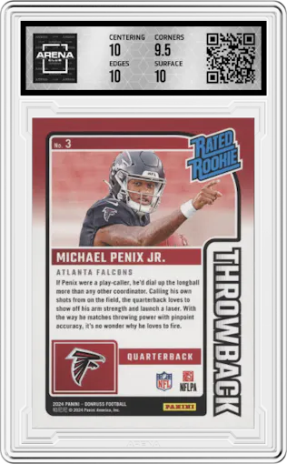 Michael Penix Jr. from the 2024 Donruss set graded by Arena Club and given an overall grade of 10.