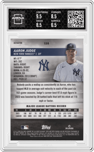 Aaron Judge from the 2024 Topps Stadium Club set featuring a Refractor parallel graded by Arena Club and given an overall grade of 7.